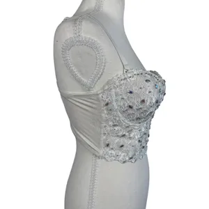 White Lace Bustier Crop Top Womens M Beaded Rhinestone Corset Cami Y2K Bridal thumbnail 11