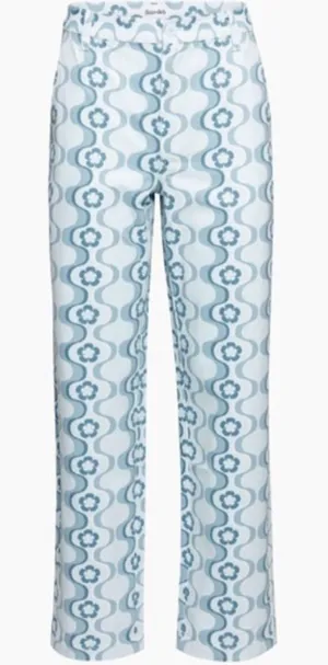 Aritzia Sun-deh Jaden 70's Vector Blue Geo Floral Twill Cotton Pant‎ wide leg 12 thumbnail 1