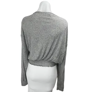 Free People We The Free Gray Long Sleeve Smocked Knit Cropped Sweater Top Size M thumbnail 2