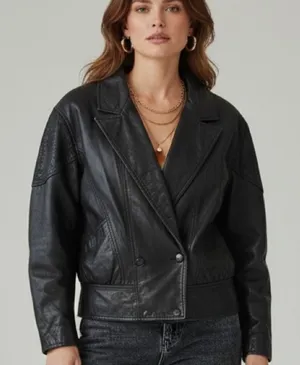 Vintage 80s 90s Black Leather Jacket shoulder pads Animal Print Detail thumbnail 1