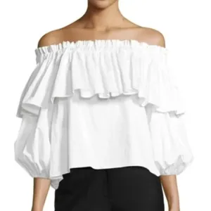 Alexis Off Shoulder Ruffle Cotton Poplin Blouse White Cropped Top XS thumbnail 2