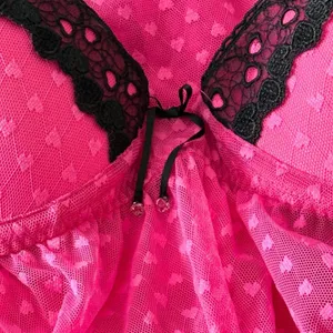 Seductivewear by Cinema Etoile Pink Hearts Babydoll Chemise Black Lace Medium thumbnail 6