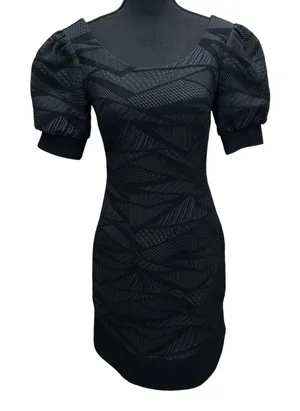 ELENE CASSIS Black Textured Puff Sleeve Fitted Dress 4 Lined‎ Cocktail Evening thumbnail 1