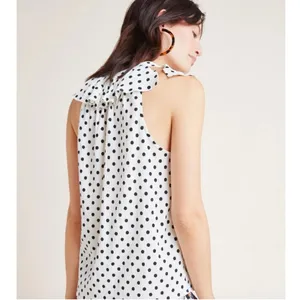 Anthropologie Polka Dot Ruffle Neck Sleeveless Button Up Shirt M‎ White Black thumbnail 6