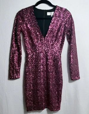 Dress the Population Pink Sequin Deep V-Neck Long Sleeve Sheath Mini Dress Sz S thumbnail 1