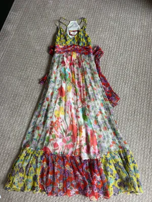 Anthropologie Yellow Floral Pleated Dress with Purple and Teal Accents size 0 thumbnail 1