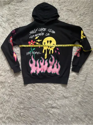PacSun Black with Yellow, Pink & Green Graphic Unisex Pullover Hoodie Size S thumbnail 4