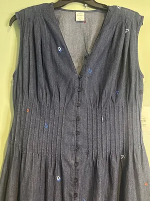 NWT Women's Large Chambray Midi Dress 100% Cotton Sailboat Embroidered Coastal thumbnail 2