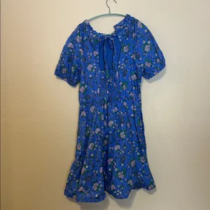 J.Crew Floral Puff Sleeve Mini Dress Blue Cotton Smocked Back Tie Neck Size‎ 12 thumbnail 7