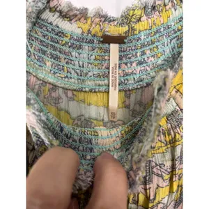 Free People Elephant Print Smocked Mini Dress Tunic Yellow Pink XS Boho Chic thumbnail 3