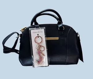 Black Faux Leather Satchel Top Handle Bag & Bag Charm thumbnail 1
