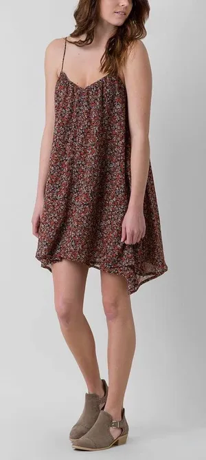 Volcom Laying Low Dress Red Floral Spaghetti- Strap V-Neck Swing Mini - Medium thumbnail 1