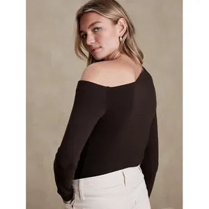 Banana Republic Soft‎ Luxe Off Shoulder Asymmetrical Tee Brown Long Sleeve Small thumbnail 2