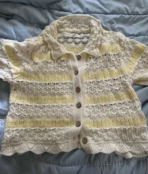 Altar'd State yellow and cream striped crochet cardigan thumbnail 1