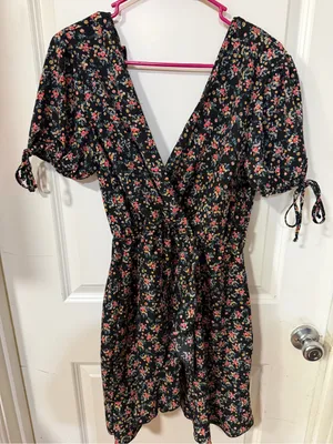 Purple Snow Black Floral Wrap Mini Dress with Puff Sleeves thumbnail 1