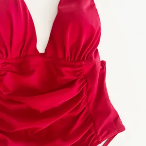 [Yolipuli] Red One Piece Convertible Swimsuit Bow Straps V-Neck Ruched Sz Large thumbnail 8