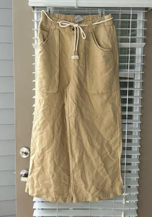 Tan Cargo Linen Pants with tie belt thumbnail 1