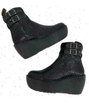 Dr. Martens Caitlin Black Reptile Snakeskin Wedge Buckles Ankle Boots Size 6 thumbnail 1