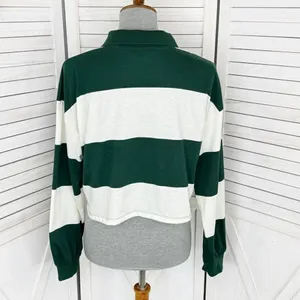 Disney Bambi Y2K Rugby Stripe‎ Cropped Polo Shirt Green White Small Long Sleeve thumbnail 4