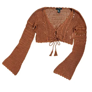 Forever 21 Retro Crochet Knit Bell Sleeves Crop Top 100% Cotton Size Small Brown thumbnail 4