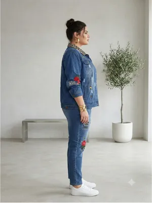 K Jordan 2pc Denim Set Plus Sz 3X Jacket 24W Jeans Leopard Rose Distressed Queen thumbnail 2