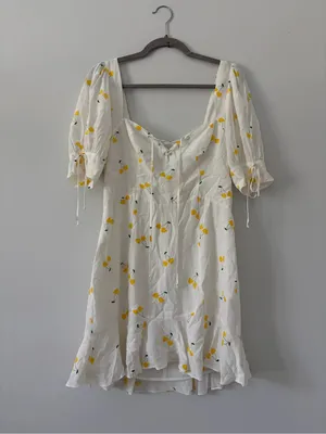For Love & Lemons Ashland Lace Up White Yellow Cherry Print Y2K Boho Mini Dress thumbnail 2