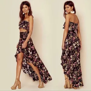Blue Life Floral Maxi Beach Skirt Black Ruffle High Low Boho Wildflower Rayon Sm thumbnail 2
