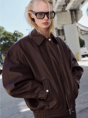 Zara Dark Brown Oversized Faux-Leather Bomber Jacket thumbnail 1