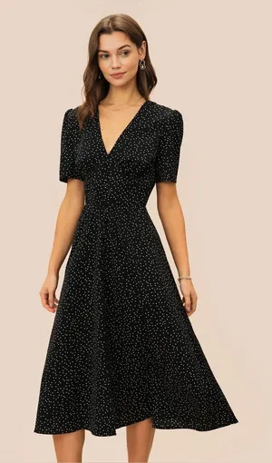 Rihoas Black V Neck Polka Dot Midi Dress thumbnail 1