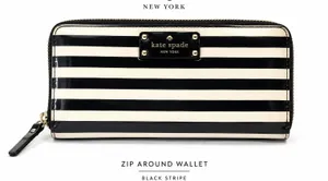 Kate Spade New York Black Cream Stripe Zip Around Wallet Organizer Continental thumbnail 1