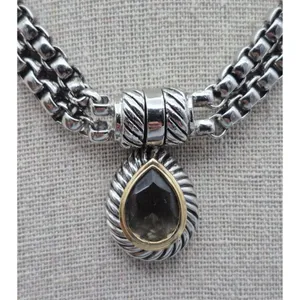 Choker Collar Pendant Necklace Silver Tone Double Box Chain Smokey Teardrop 16" thumbnail 6
