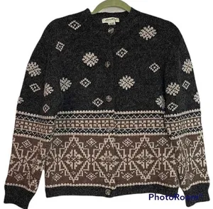 Eddie Bauer Vintage Grey/Brown Fair Isle Wool Alpaca Cardigan Size Medium thumbnail 1