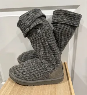 UGG Australia Gray Knit Tall Boots Women’s Size 7 Cozy Winter Shearling thumbnail 1