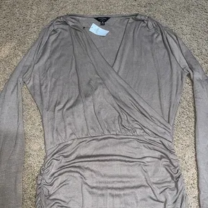 Banana Republic Soft Luxe‎ Ruched Faux Wrap Midi Dress Mocha Latte Medium thumbnail 3