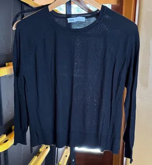 Zara Black Lightweight Knit Sweater Side Slits Ribbed Trim Size Medium thumbnail 1