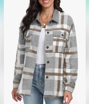 NWOT Plaid Gray and Brown Women's Jacket Shacket Button Down Sweater Casual XL thumbnail 1