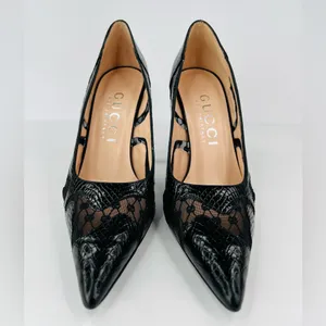 Gucci Python Embossed Leather & Mesh GG Rhombus Heel Pumps Size EU 39.5 thumbnail 5