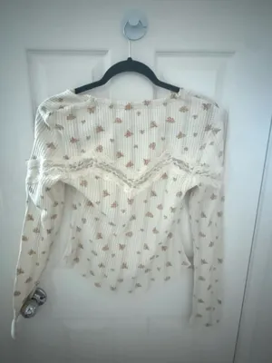 NWT Free People Cream Floral Lace-Trim Ribbed Button-Front Top thumbnail 2