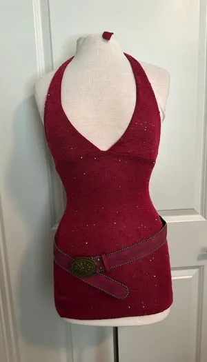 SheIn sparkly red dress with belt thumbnail 1