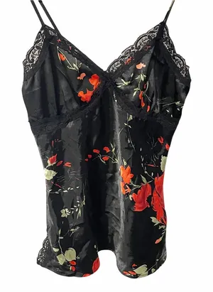 Weathervane Small Y2K Black‎ Floral Lace Trim Cami Tank Lingerie Top thumbnail 1