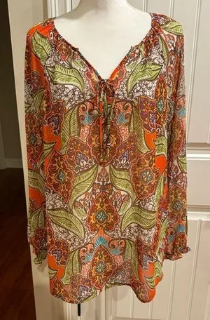 NWOT Tropical Print Sheer Peasant Blouse thumbnail 1