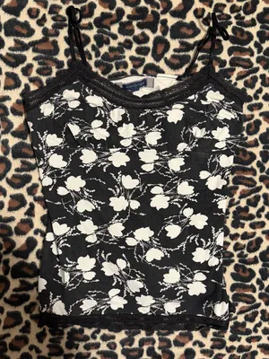2000s vintage style whimsical american eagle black and white floral lace cami thumbnail 3