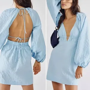 NWT Free People Endless Summer Puff Sleeve Open Back Mini Dress Blue Size Large thumbnail 13
