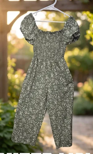 Olive Leaf Print Smocked Jumpsuit with Puff Sleeves thumbnail 1
