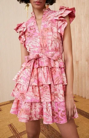 Ulla Johnson Lulua Frill Sleeve Tiered Ruffed Mini Dress Size 8 Medium Pink thumbnail 1