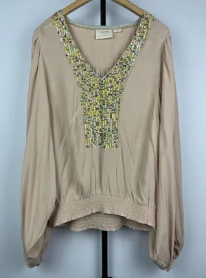 Maeve Anthropologie Cream Kristie Long Balloon Sleeve Sequin‎ Peasant Blouse S thumbnail 1