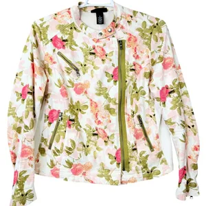 Lane Bryant Floral‎ Moto Jacket Asymmetrical Zip Up Pockets White Pink Size 16 thumbnail 2