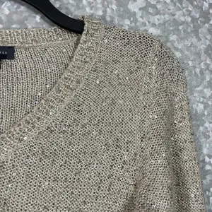 The Limited Beige Sequin Chiffon Hem Open Knit Sweater - Size Small - V-Neck thumbnail 2