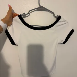 Women's White Crop Top with Black Trim - Modern Contrast Tee thumbnail 3