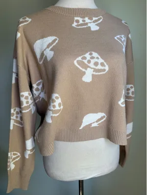 Boho whimsi goth Mushroom Cropped Sweater Tan White Knit‎ Large 11-13 y2k retro thumbnail 1